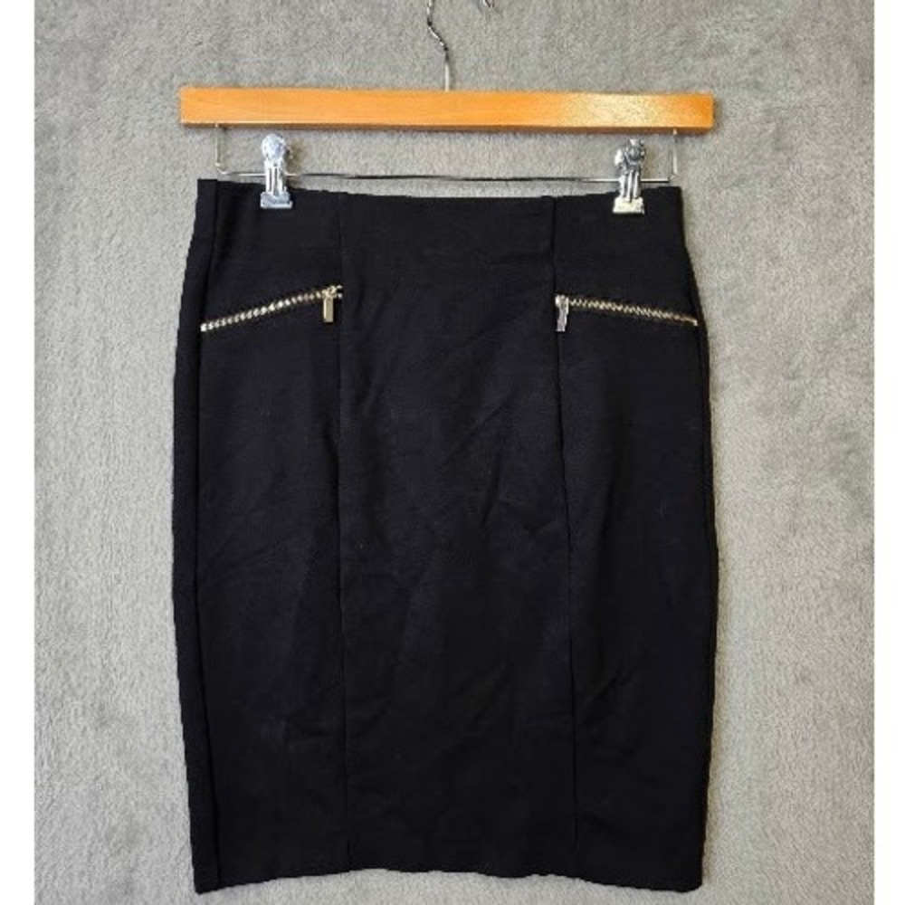Carmen Marc Valvo Black‎ Pencil Skirt Gold Zipper Detail Career Women's